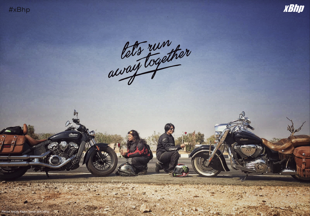 two girls riding Indian Scout and Indian Vintage