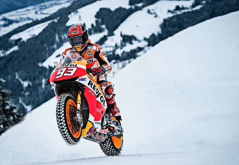 Marc Marquez rides MotoGP bike on Ski slope!